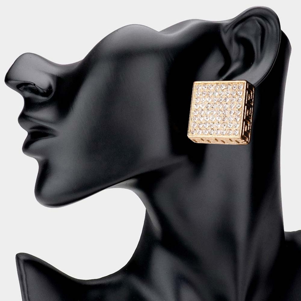 Gold Greek Key Patterned Rhinestone Crystal Square Stud Earrings